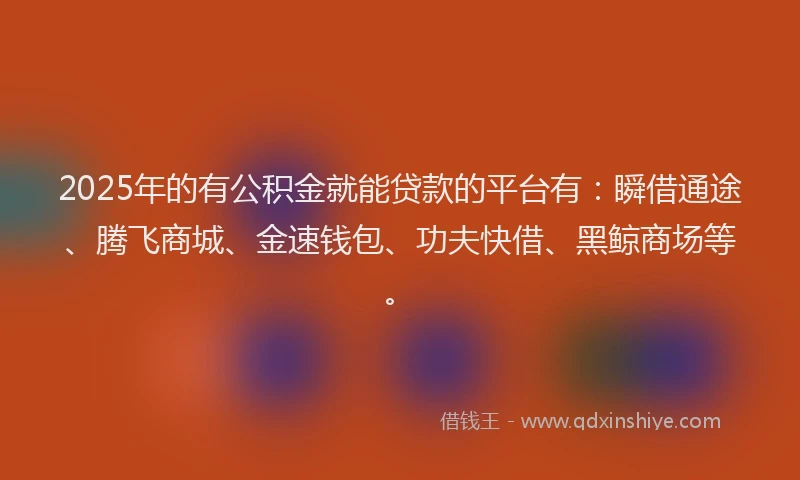 2025年的有公积金就能贷款的平台有：瞬借通途、腾飞商城、金速钱包、功夫快借、黑鲸商场等。