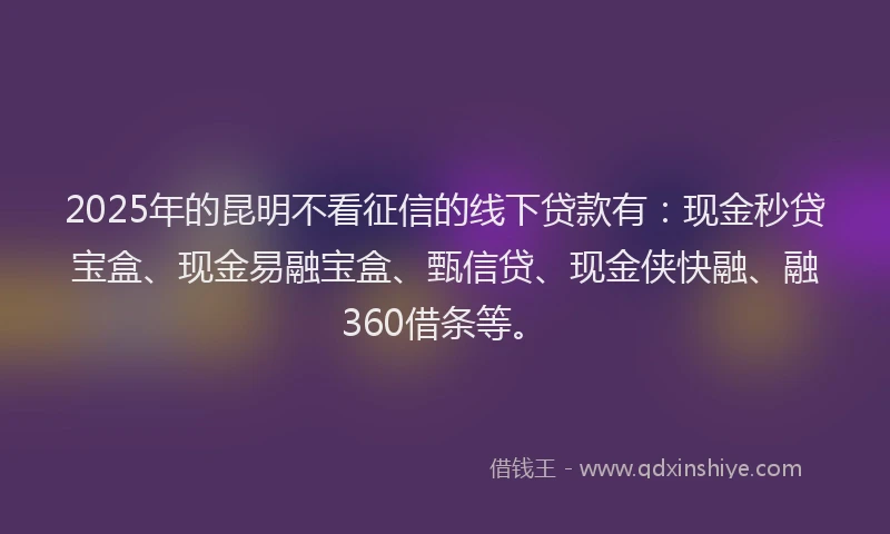 2025年的昆明不看征信的线下贷款有：现金秒贷宝盒、现金易融宝盒、甄信贷、现金侠快融、融360借条等。