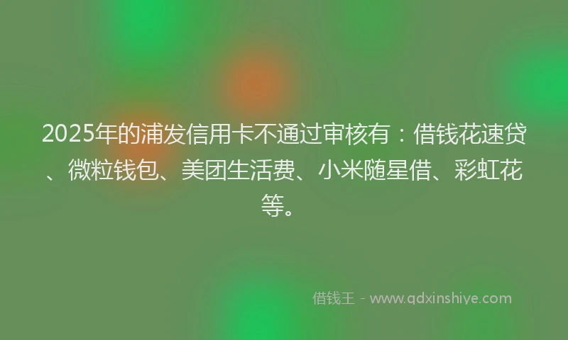 2025年的浦发信用卡不通过审核有：借钱花速贷、微粒钱包、美团生活费、小米随星借、彩虹花等。