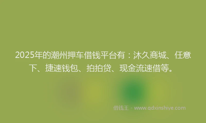 2025年的潮州押车借钱平台有：沐久商城、任意下、捷速钱包、拍拍贷、现金流速借等。