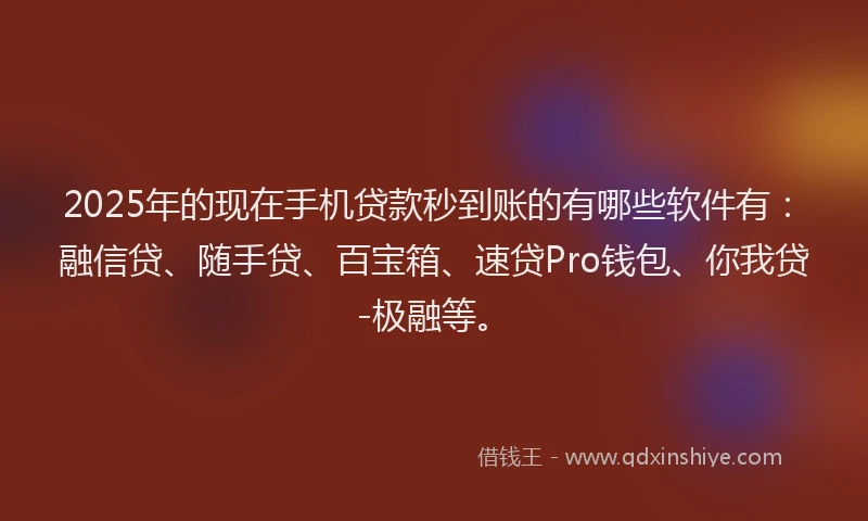 2025年的现在手机贷款秒到账的有哪些软件有：融信贷、随手贷、百宝箱、速贷Pro钱包、你我贷-极融等。