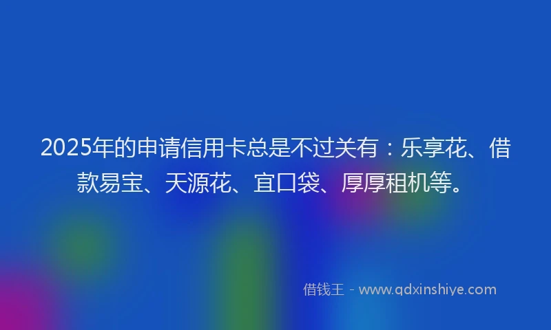 2025年的申请信用卡总是不过关有：乐享花、借款易宝、天源花、宜口袋、厚厚租机等。
