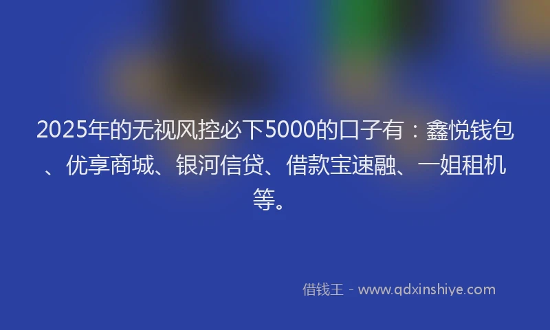 2025年的无视风控必下5000的口子有：鑫悦钱包、优享商城、银河信贷、借款宝速融、一姐租机等。