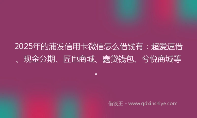 2025年的浦发信用卡微信怎么借钱有：超爱速借、现金分期、匠也商城、鑫贷钱包、兮悦商城等。