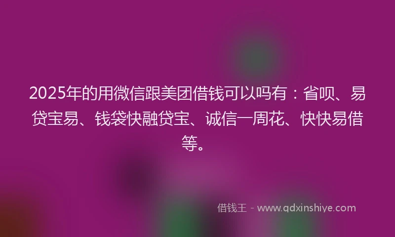 2025年的用微信跟美团借钱可以吗有：省呗、易贷宝易、钱袋快融贷宝、诚信一周花、快快易借等。