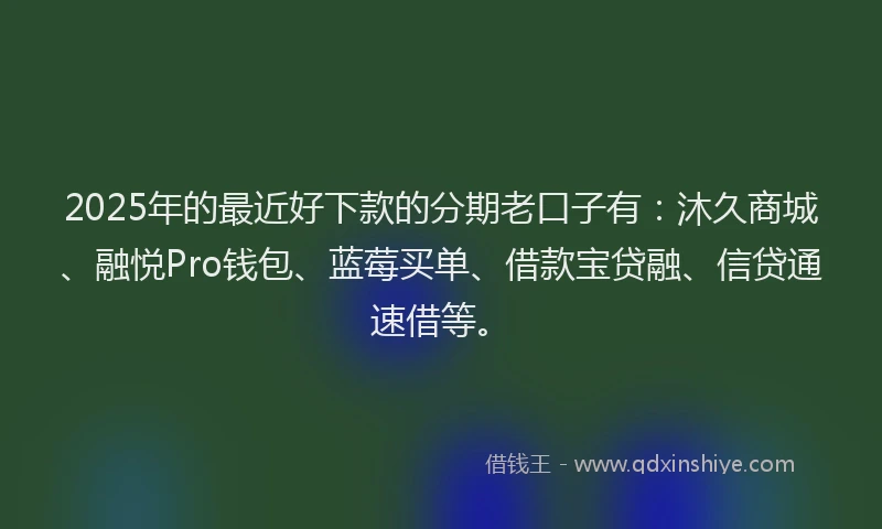 2025年的最近好下款的分期老口子有：沐久商城、融悦Pro钱包、蓝莓买单、借款宝贷融、信贷通速借等。