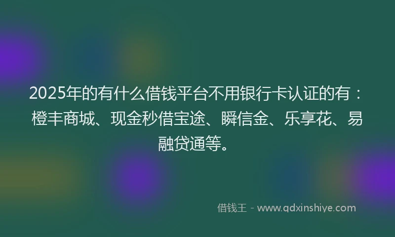 2025年的有什么借钱平台不用银行卡认证的有：橙丰商城、现金秒借宝途、瞬信金、乐享花、易融贷通等。