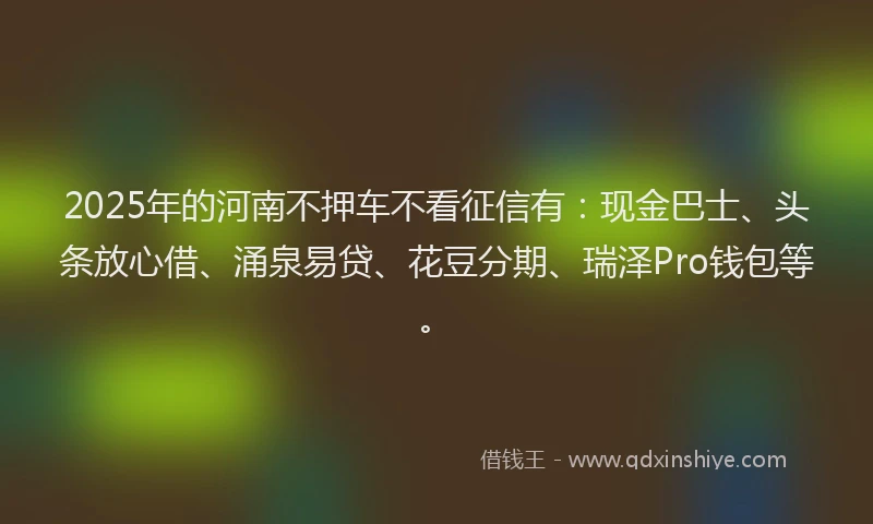 2025年的河南不押车不看征信有：现金巴士、头条放心借、涌泉易贷、花豆分期、瑞泽Pro钱包等。