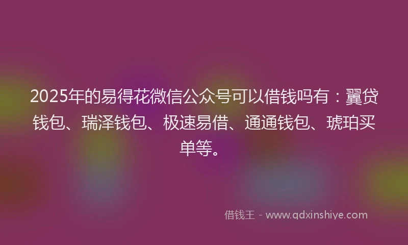 2025年的易得花微信公众号可以借钱吗有：翼贷钱包、瑞泽钱包、极速易借、通通钱包、琥珀买单等。