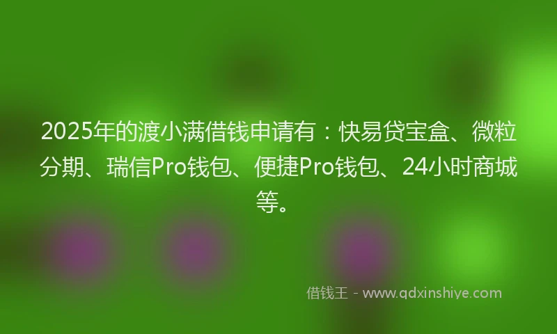 2025年的渡小满借钱申请有：快易贷宝盒、微粒分期、瑞信Pro钱包、便捷Pro钱包、24小时商城等。