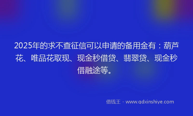 2025年的求不查征信可以申请的备用金有：葫芦花、唯品花取现、现金秒借贷、翡翠贷、现金秒借融途等。
