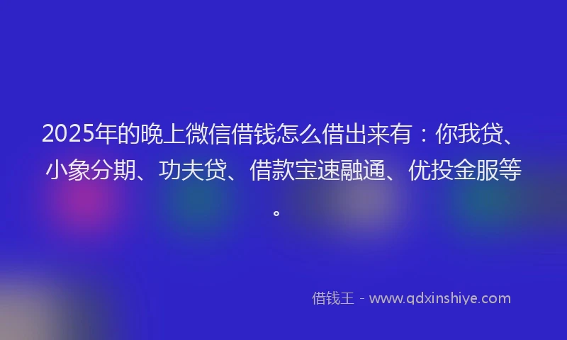 2025年的晚上微信借钱怎么借出来有：你我贷、小象分期、功夫贷、借款宝速融通、优投金服等。