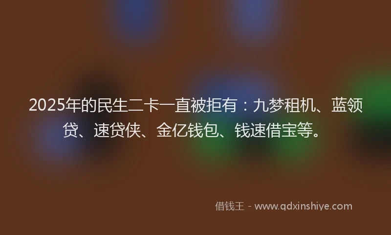 2025年的民生二卡一直被拒有：九梦租机、蓝领贷、速贷侠、金亿钱包、钱速借宝等。