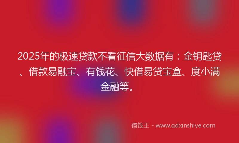 2025年的极速贷款不看征信大数据有：金钥匙贷、借款易融宝、有钱花、快借易贷宝盒、度小满金融等。