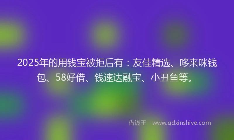 2025年的用钱宝被拒后有：友佳精选、哆来咪钱包、58好借、钱速达融宝、小丑鱼等。
