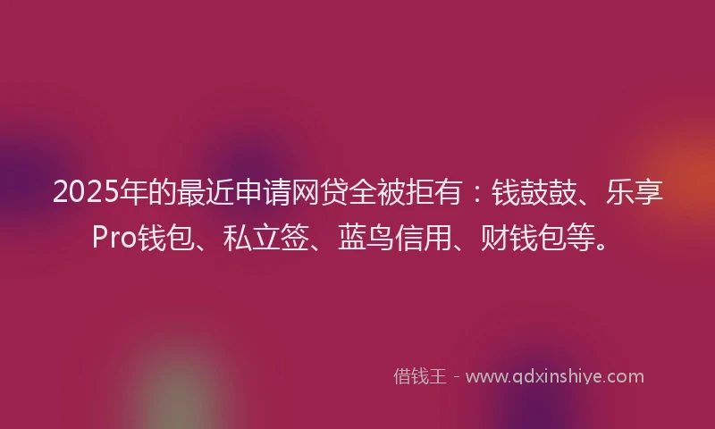 2025年的最近申请网贷全被拒有：钱鼓鼓、乐享Pro钱包、私立签、蓝鸟信用、财钱包等。