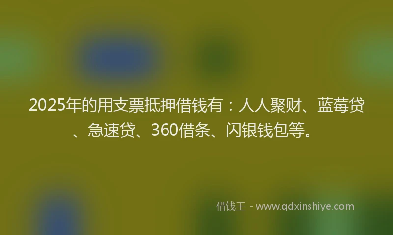 2025年的用支票抵押借钱有：人人聚财、蓝莓贷、急速贷、360借条、闪银钱包等。