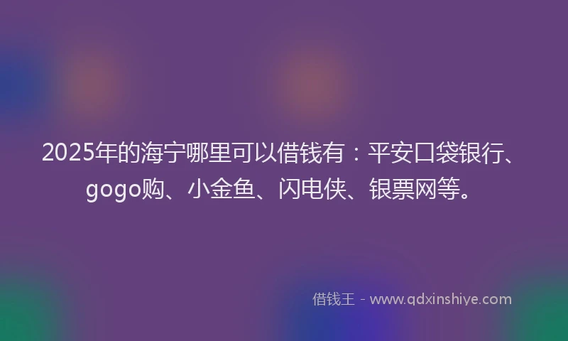 2025年的海宁哪里可以借钱有：平安口袋银行、gogo购、小金鱼、闪电侠、银票网等。