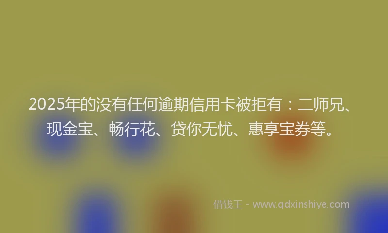 2025年的没有任何逾期信用卡被拒有：二师兄、现金宝、畅行花、贷你无忧、惠享宝券等。