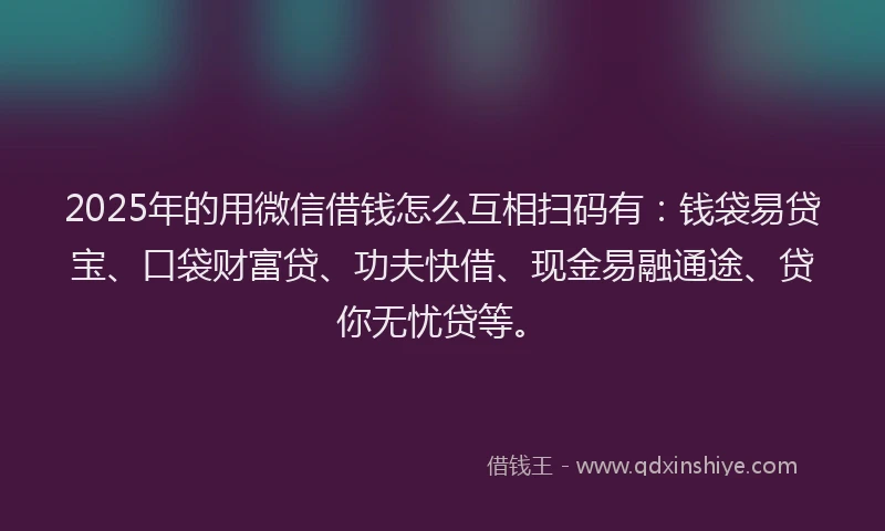 2025年的用微信借钱怎么互相扫码有：钱袋易贷宝、口袋财富贷、功夫快借、现金易融通途、贷你无忧贷等。