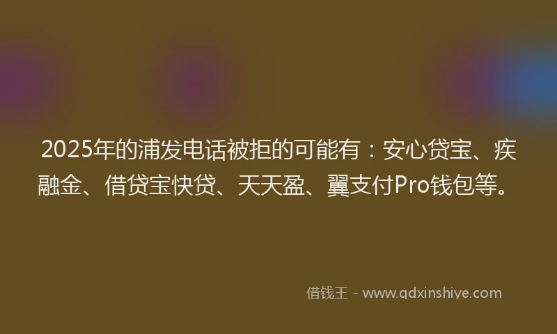 2025年的浦发电话被拒的可能有：安心贷宝、疾融金、借贷宝快贷、天天盈、翼支付Pro钱包等。