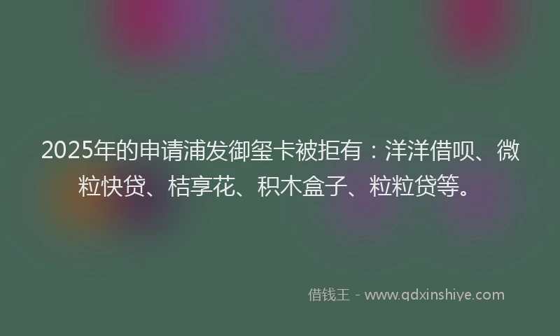 2025年的申请浦发御玺卡被拒有：洋洋借呗、微粒快贷、桔享花、积木盒子、粒粒贷等。