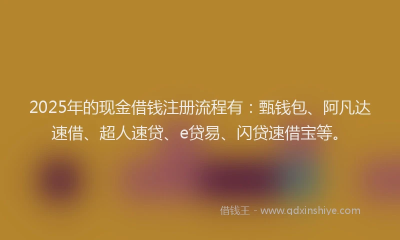 2025年的现金借钱注册流程有：甄钱包、阿凡达速借、超人速贷、e贷易、闪贷速借宝等。