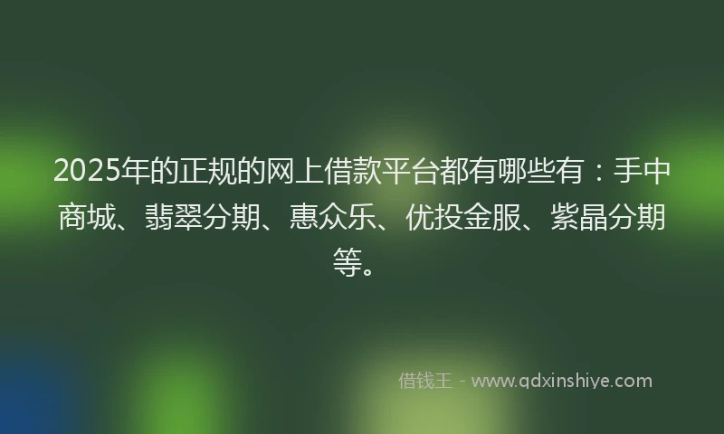 2025年的正规的网上借款平台都有哪些有：手中商城、翡翠分期、惠众乐、优投金服、紫晶分期等。