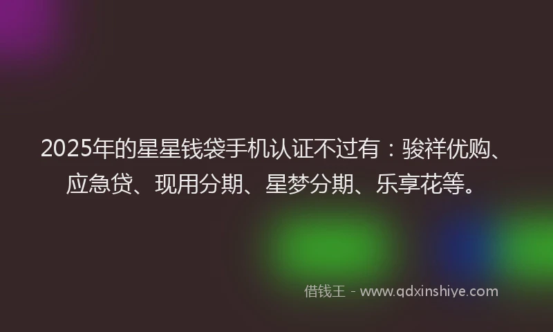2025年的星星钱袋手机认证不过有：骏祥优购、应急贷、现用分期、星梦分期、乐享花等。