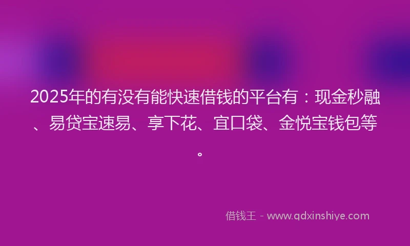 2025年的有没有能快速借钱的平台有：现金秒融、易贷宝速易、享下花、宜口袋、金悦宝钱包等。