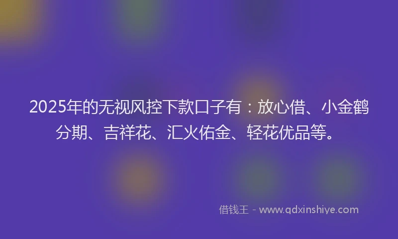 2025年的无视风控下款口子有：放心借、小金鹤分期、吉祥花、汇火佑金、轻花优品等。