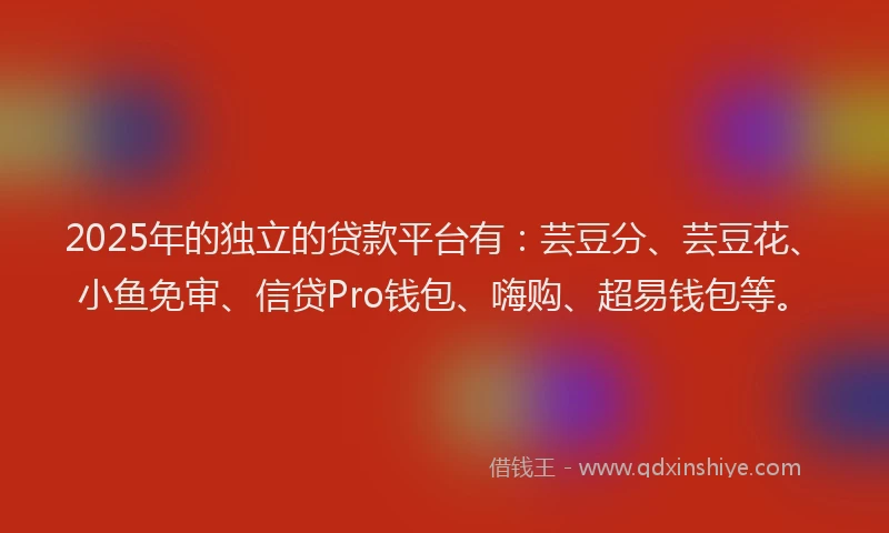 2025年的独立的贷款平台有：芸豆分、芸豆花、小鱼免审、信贷Pro钱包、嗨购、超易钱包等。