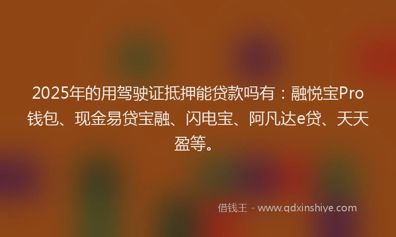 2025年的用驾驶证抵押能贷款吗有：融悦宝Pro钱包、现金易贷宝融、闪电宝、阿凡达e贷、天天盈等。