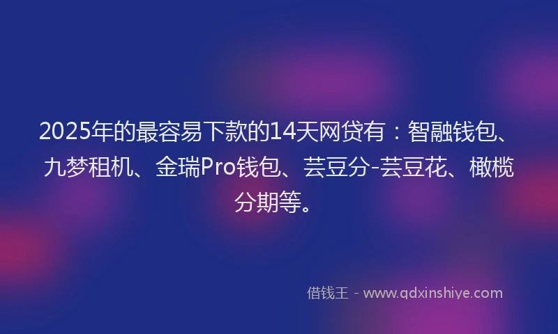 2025年的最容易下款的14天网贷有：智融钱包、九梦租机、金瑞Pro钱包、芸豆分-芸豆花、橄榄分期等。