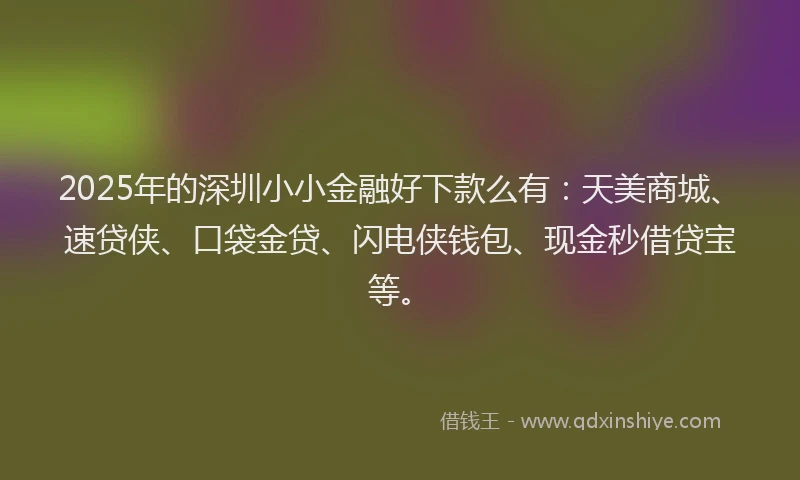 2025年的深圳小小金融好下款么有：天美商城、速贷侠、口袋金贷、闪电侠钱包、现金秒借贷宝等。