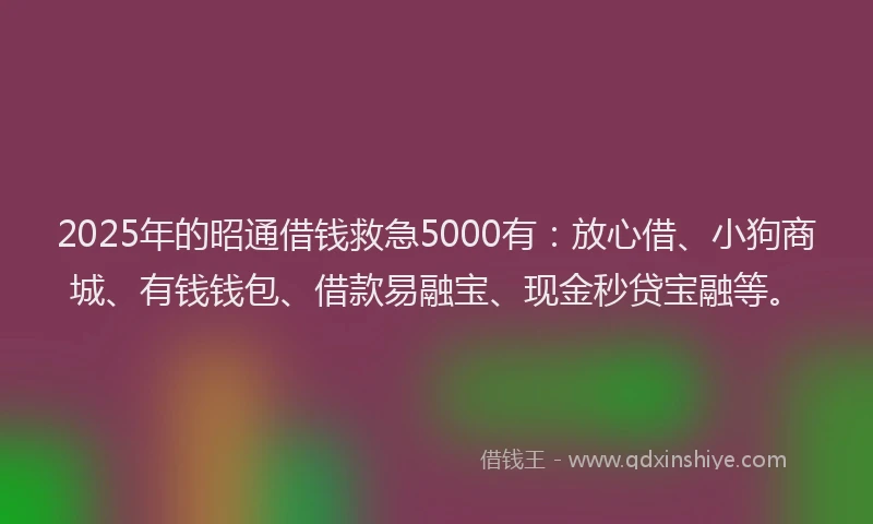 2025年的昭通借钱救急5000有：放心借、小狗商城、有钱钱包、借款易融宝、现金秒贷宝融等。