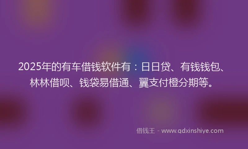 2025年的有车借钱软件有：日日贷、有钱钱包、林林借呗、钱袋易借通、翼支付橙分期等。