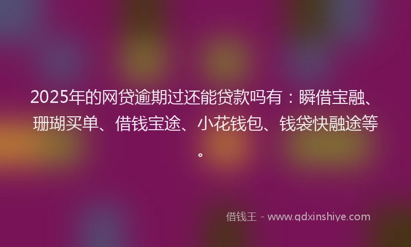 2025年的网贷逾期过还能贷款吗有：瞬借宝融、珊瑚买单、借钱宝途、小花钱包、钱袋快融途等。
