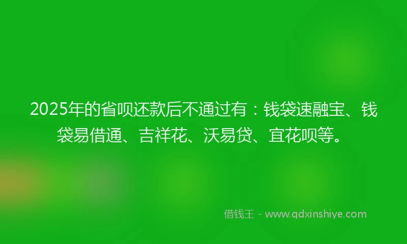 2025年的省呗还款后不通过有：钱袋速融宝、钱袋易借通、吉祥花、沃易贷、宜花呗等。