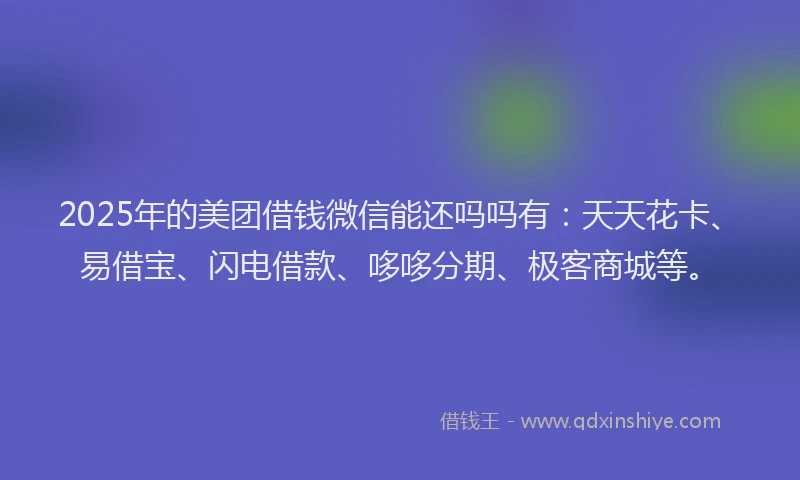 2025年的美团借钱微信能还吗吗有：天天花卡、易借宝、闪电借款、哆哆分期、极客商城等。