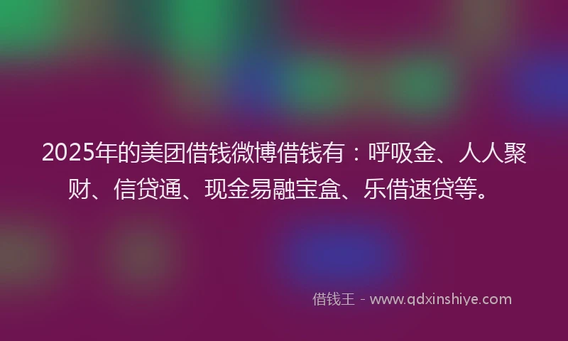 2025年的美团借钱微博借钱有：呼吸金、人人聚财、信贷通、现金易融宝盒、乐借速贷等。