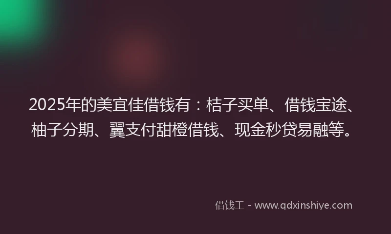 2025年的美宜佳借钱有：桔子买单、借钱宝途、柚子分期、翼支付甜橙借钱、现金秒贷易融等。