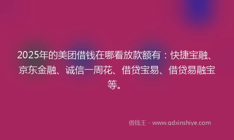2025年的美团借钱在哪看放款额有：快捷宝融、京东金融、诚信一周花、借贷宝易、借贷易融宝等。