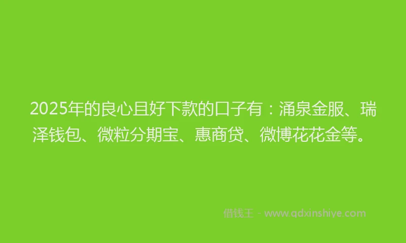2025年的良心且好下款的口子有：涌泉金服、瑞泽钱包、微粒分期宝、惠商贷、微博花花金等。