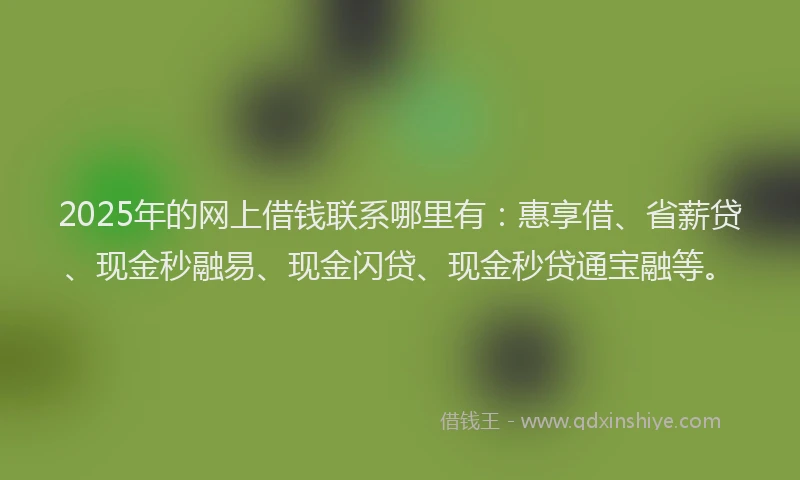 2025年的网上借钱联系哪里有：惠享借、省薪贷、现金秒融易、现金闪贷、现金秒贷通宝融等。