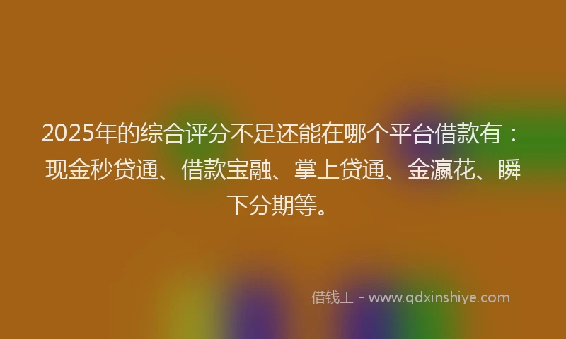 2025年的综合评分不足还能在哪个平台借款有：现金秒贷通、借款宝融、掌上贷通、金瀛花、瞬下分期等。