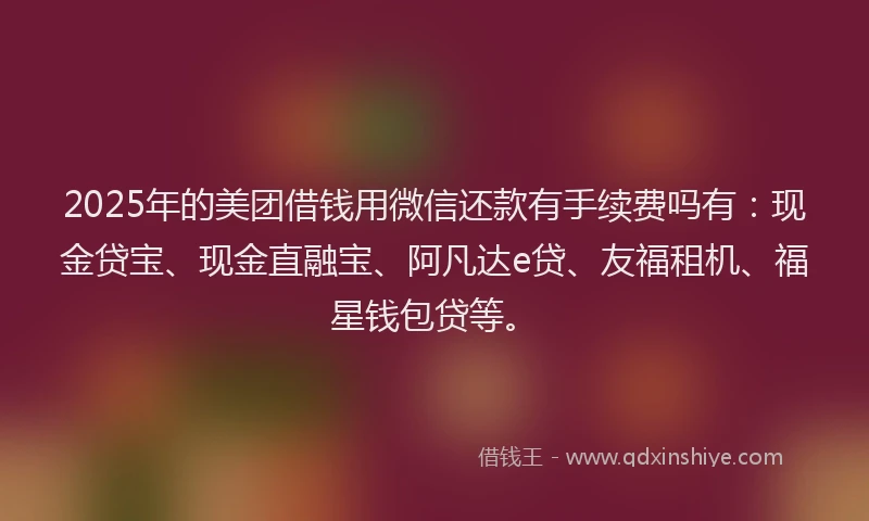 2025年的美团借钱用微信还款有手续费吗有：现金贷宝、现金直融宝、阿凡达e贷、友福租机、福星钱包贷等。