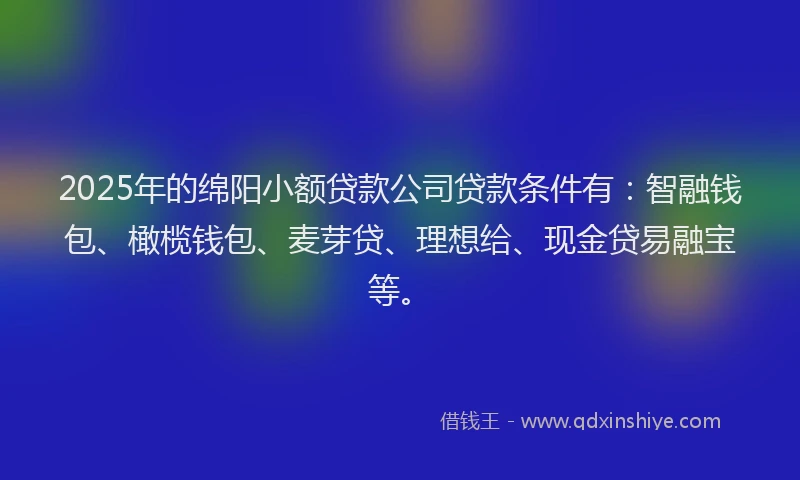 2025年的绵阳小额贷款公司贷款条件有：智融钱包、橄榄钱包、麦芽贷、理想给、现金贷易融宝等。