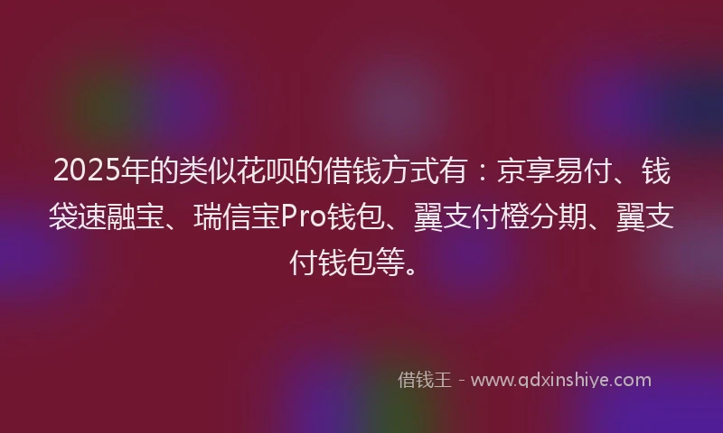 2025年的类似花呗的借钱方式有：京享易付、钱袋速融宝、瑞信宝Pro钱包、翼支付橙分期、翼支付钱包等。