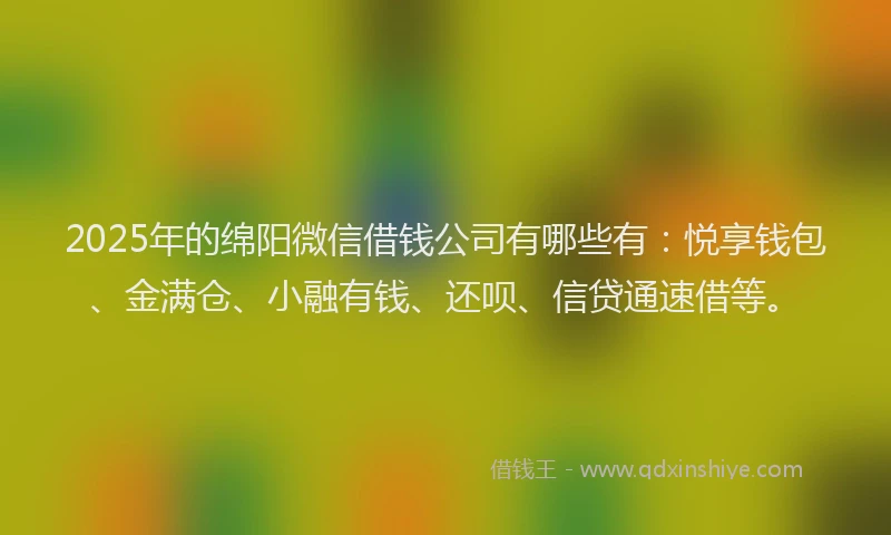 2025年的绵阳微信借钱公司有哪些有：悦享钱包、金满仓、小融有钱、还呗、信贷通速借等。